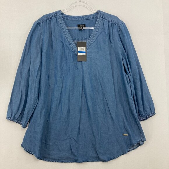New Jones New York size XL Blue V Neck 3/4 Sleeve Lyocell Chambray Blouse - Picture 1 of 10